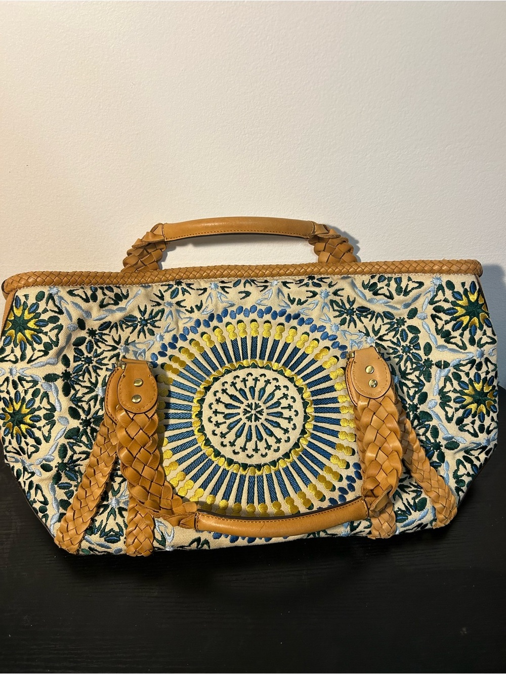 Cole Haan Cream Tote with Blue and Yellow Embroidery and Tan Braided Handles